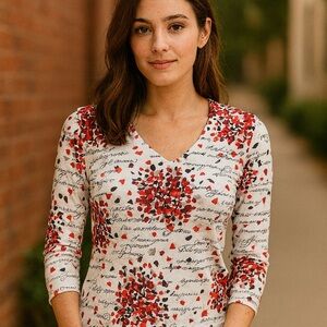 Ruby Rd. Red Floral 3/4 Sleeve Fitted Blouse